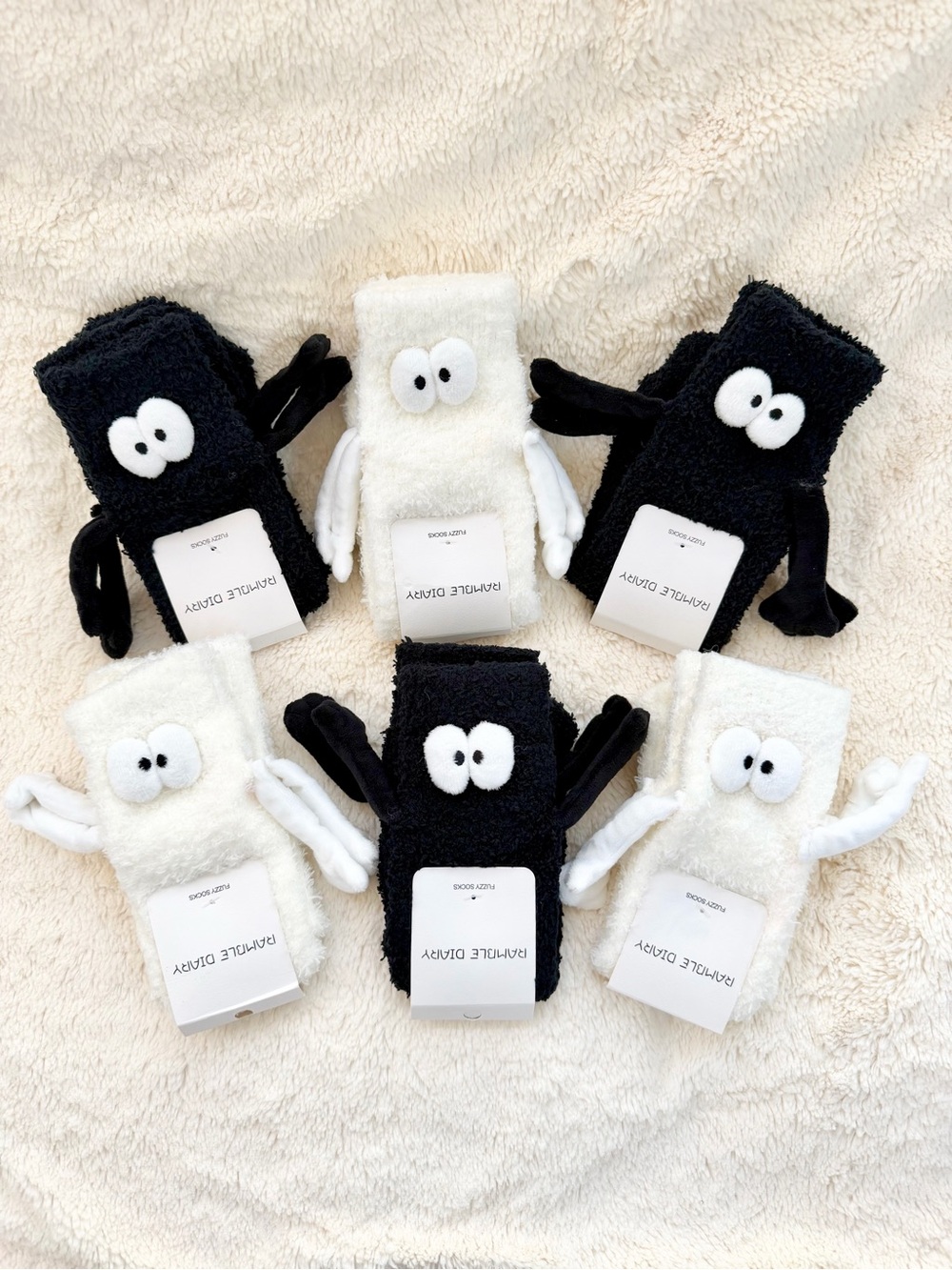 Ramble Diary Fuzzy Character Socks Black White Plush Cozy NWT - 6 Pack